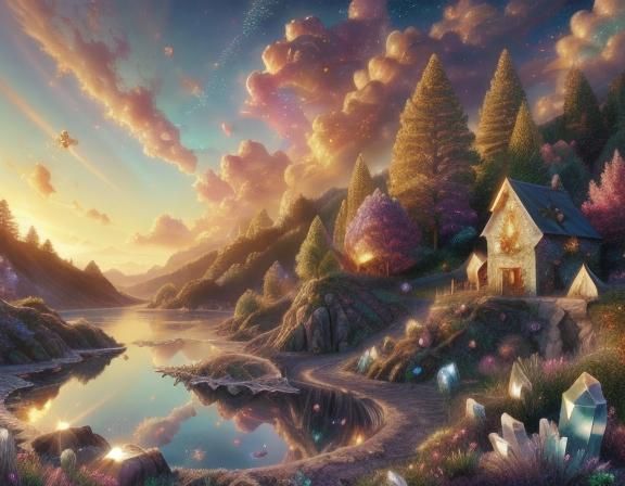 Serene Gemstone Landscape with Warm Golden Light