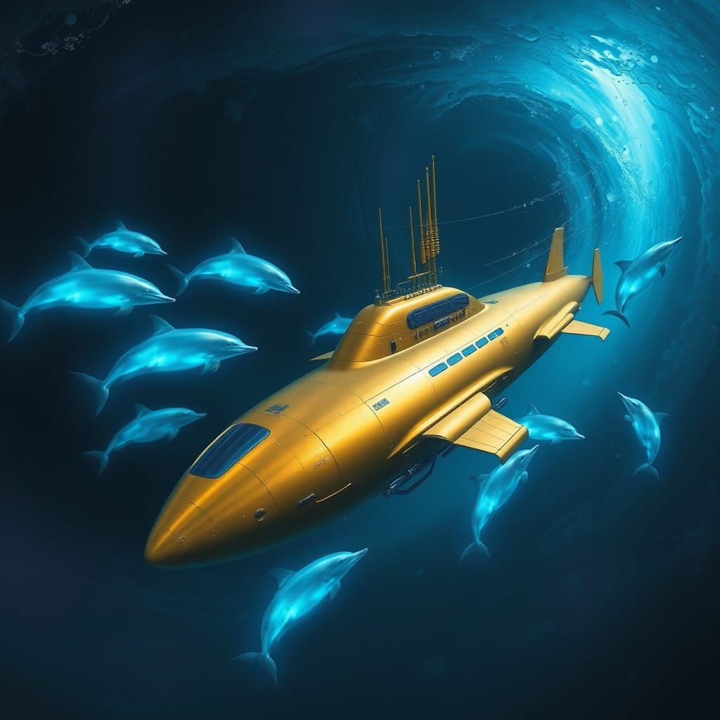 Cyberpunk Golden Submarine Surrounded by Bioluminescent Dolp...