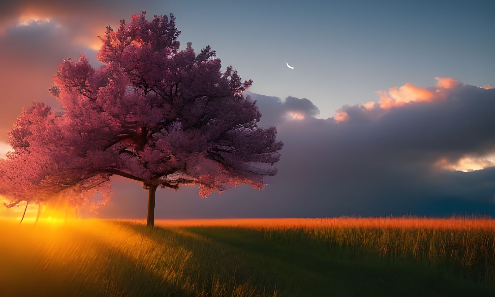 Dystopian Sunset with Cherry Blossom Tree