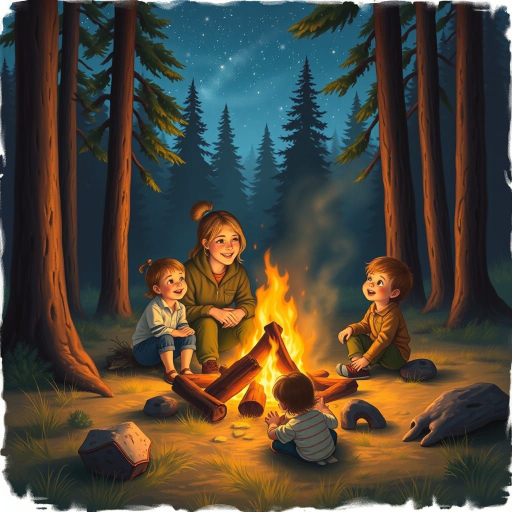 Family Cozy Night by the Campfire in a Serene Forest