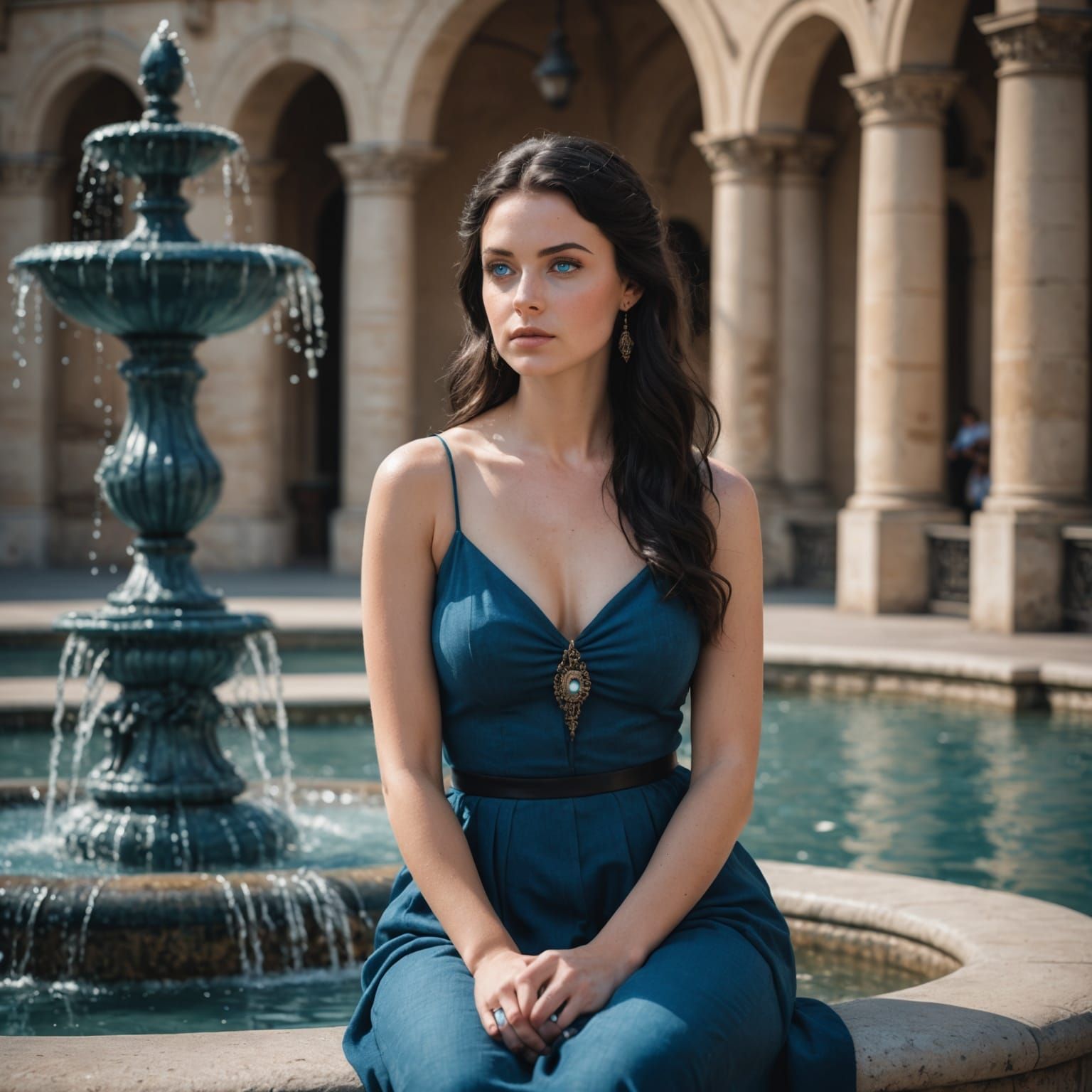 Young Woman by Fountain in Photorealistic Style
