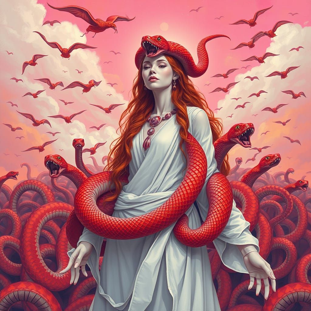 Redhead Snake Goddess in Vibrant Landscape