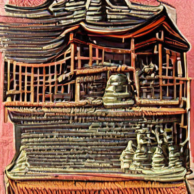 Woodcut Pagoda on Hill
