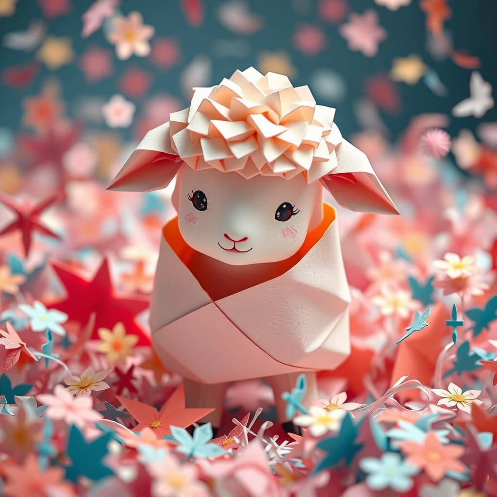 Origami Lamb in Papercraft Swirl, Digital Illustration