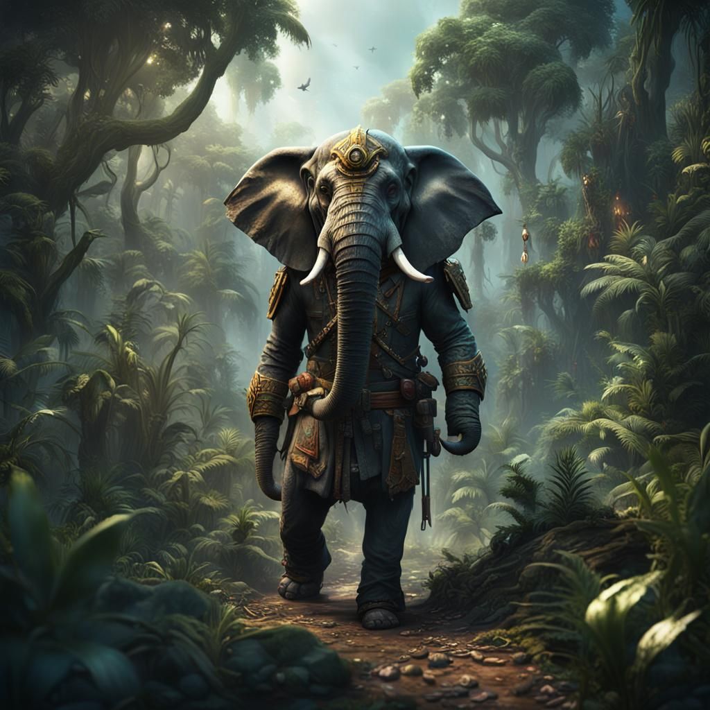 Elephant-Man Soldier in Detailed Jungle Painting