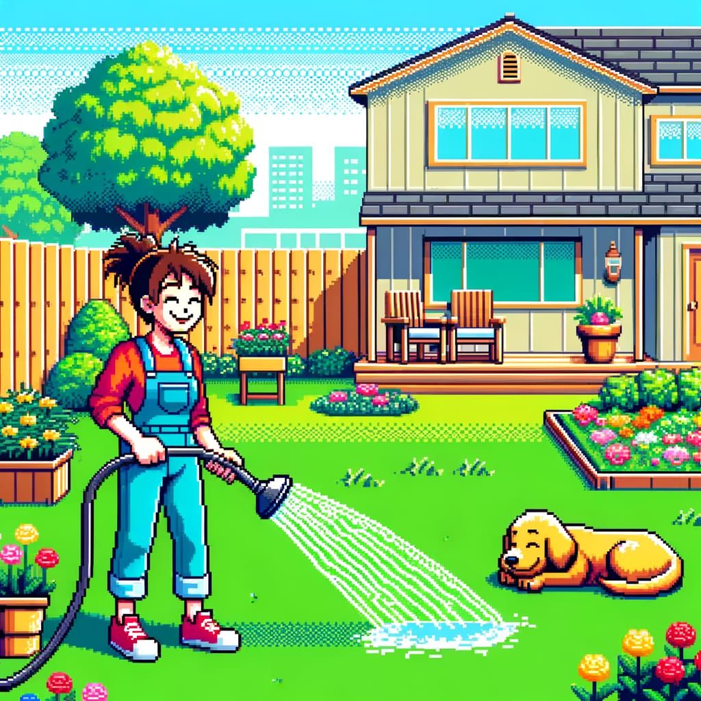 Cheerful 8-bit Housewife in Sunny Pixel Art