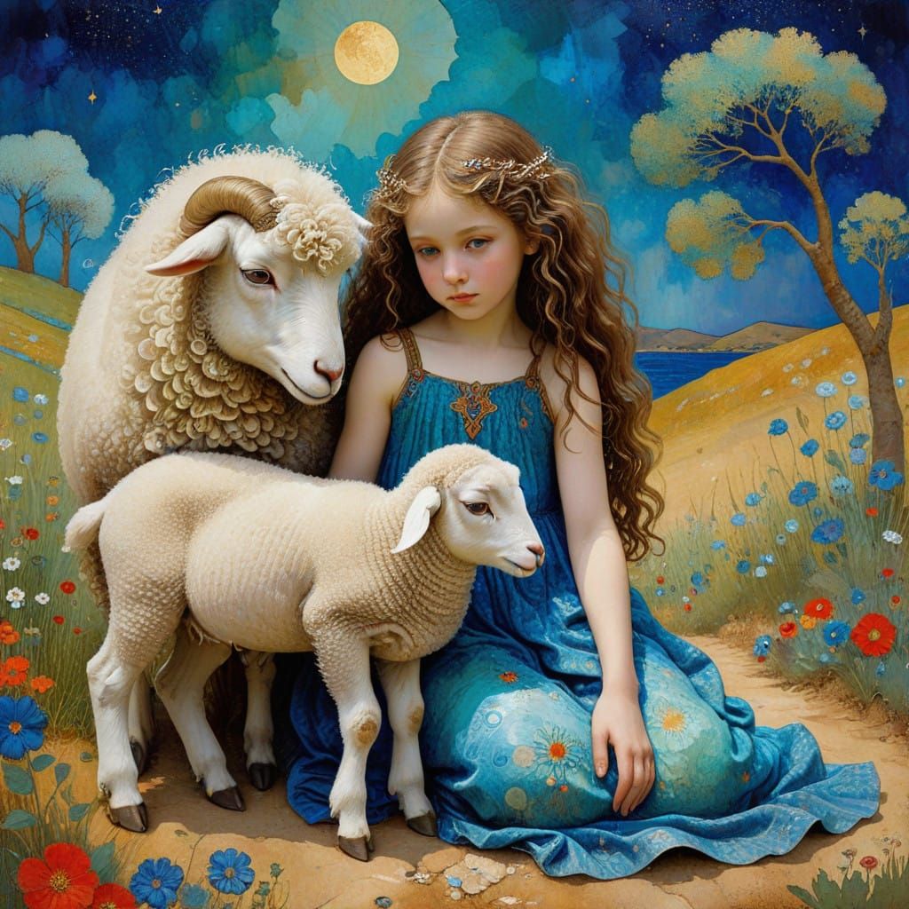 Child and Lambs in Whimsical Textured Art