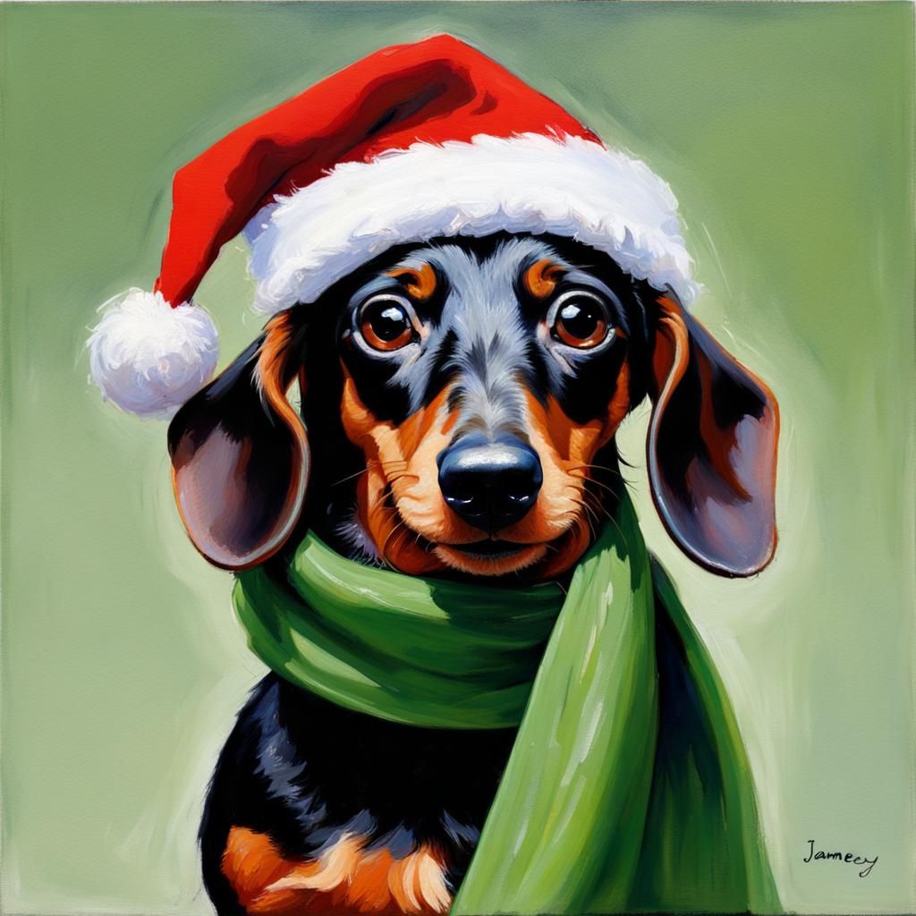 Dachshund in Santa Hat: Oil Painting Style