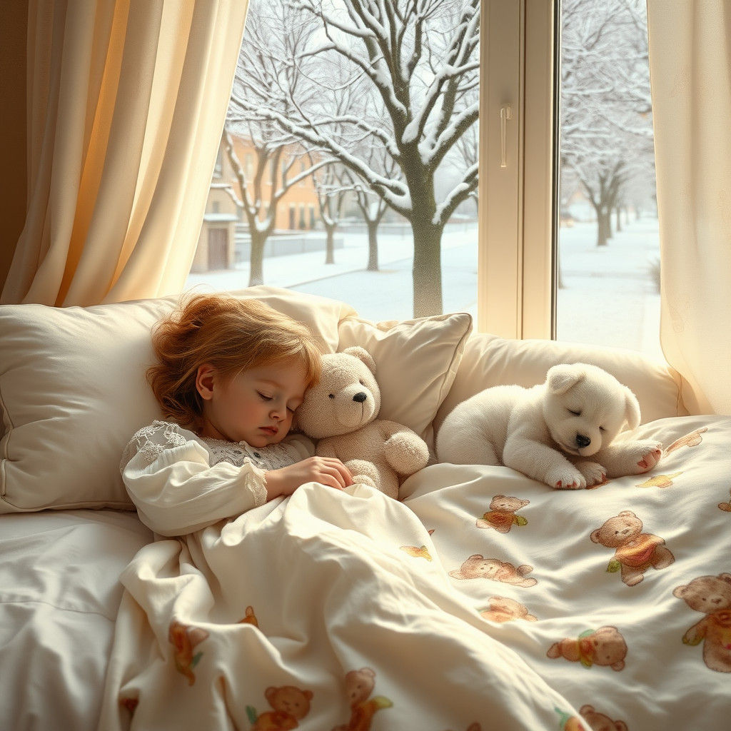 Sleeping Girl with Teddy Bear in Winter Wonderland