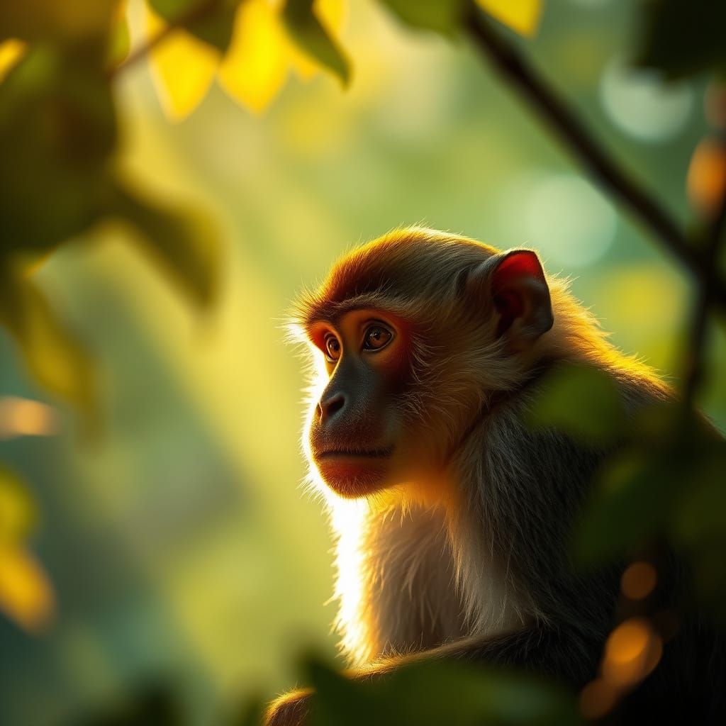Monkey Lost in Dawn's Ethereal Glow