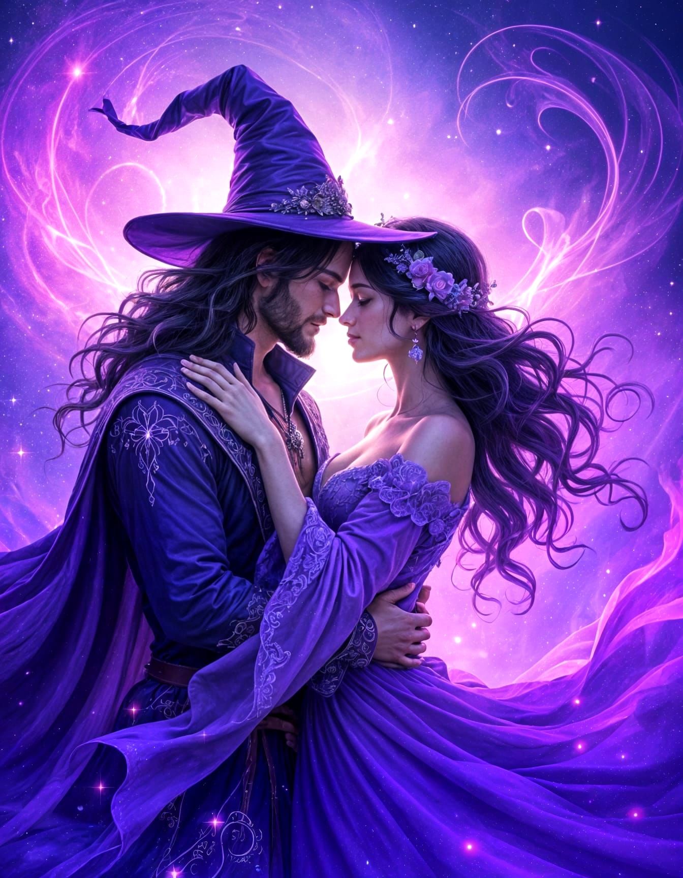Enchanting Witch Couple Embracing in Cosmic Light