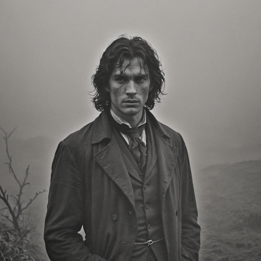 Heathcliff Portrait: Grayscale, Foggy, and Haunting