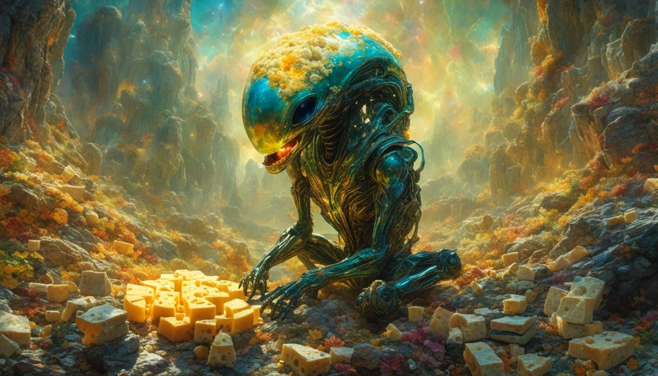🧀👽🧀The alien is so happy to find cheese🧀👽🧀