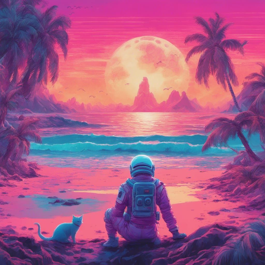 Spaceman and Cat Relaxing on Vaporwave Beach