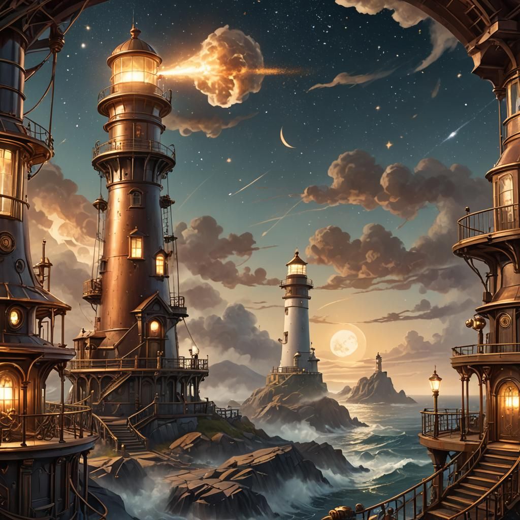 Steampunk Lighthouse on a Cosmic Coastline