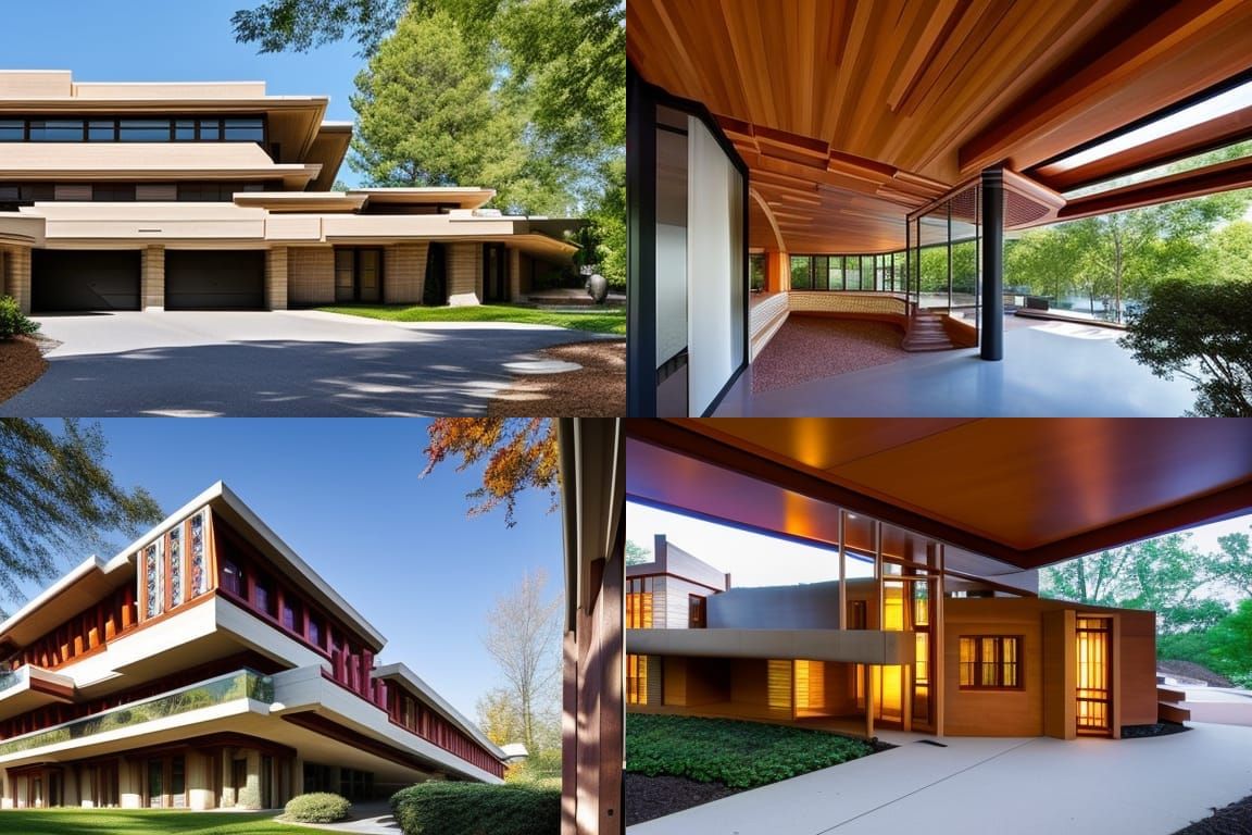 Building is frank Lloyd Wright style mixed with frank Gehry style with Schindler style, dimensional, complex details, ma...