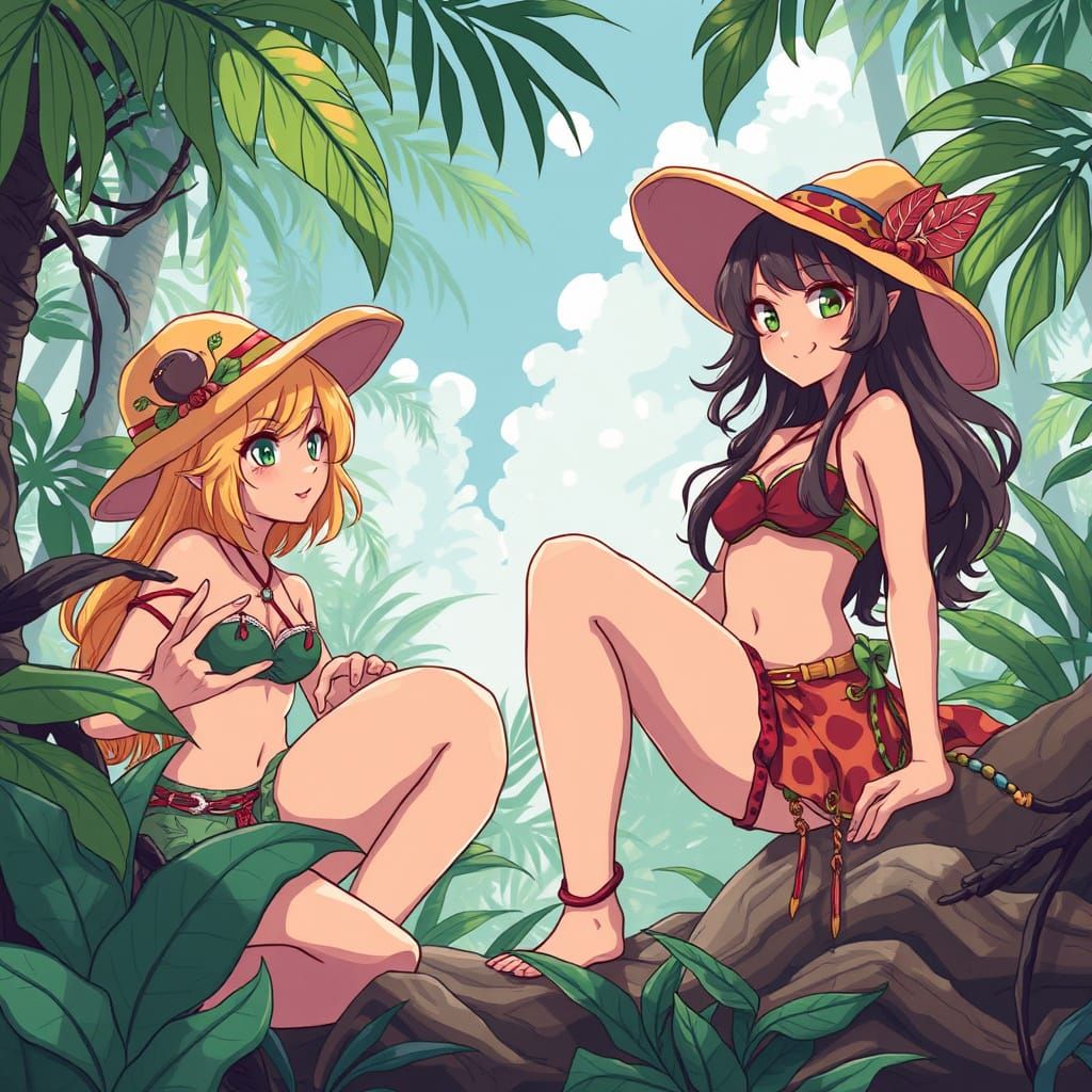 Lush Jungle Scene with a Group of Women