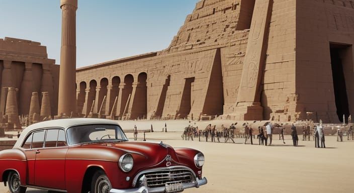 Vintage Red Car at Luxor Temple in Soft Sunlight