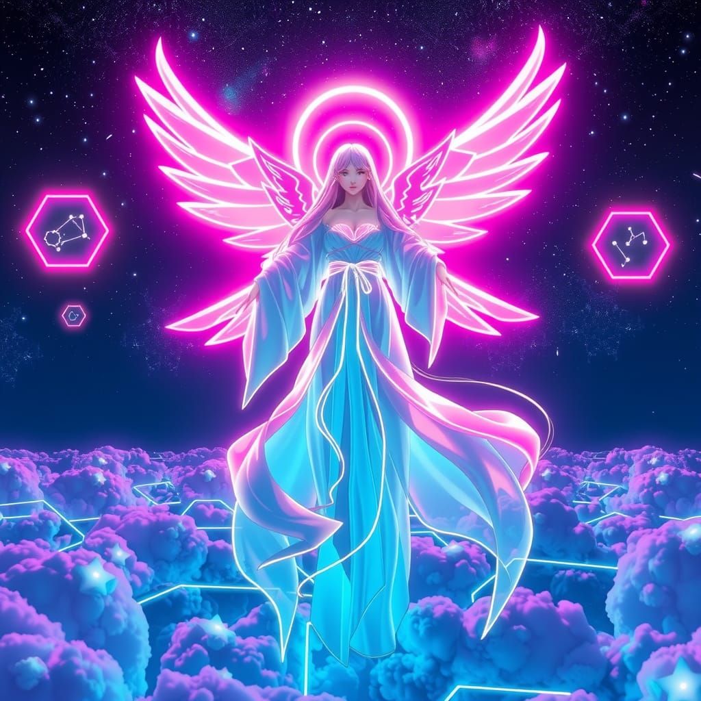 Neon Goddess Ascends in Synthwave Celestial Realm