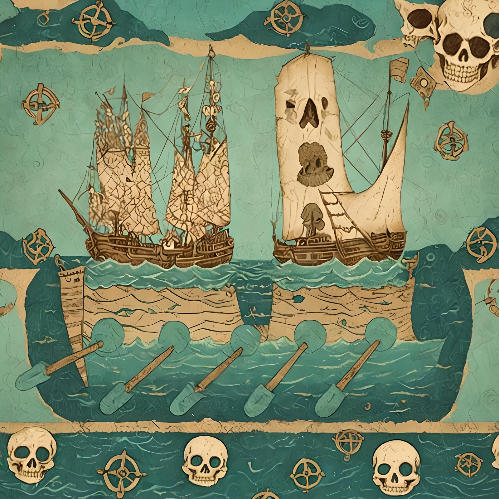 Ghost Ship on a Teal Sea with Skulls