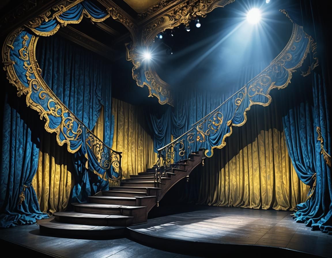 Hyperrealistic Theatre Stage with Yellow and Blue Backdrop