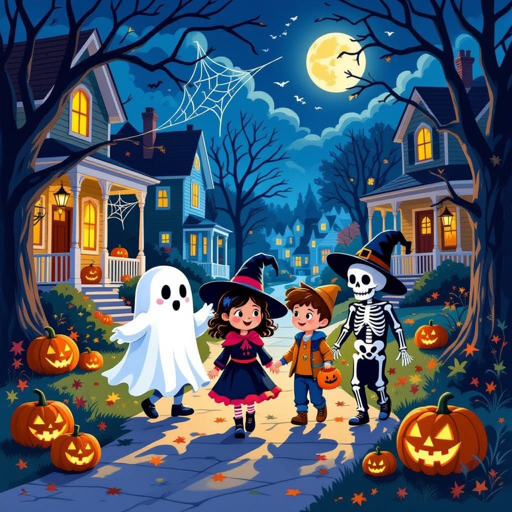 Children's Spooky Halloween Adventure in Decorated Neighborh...
