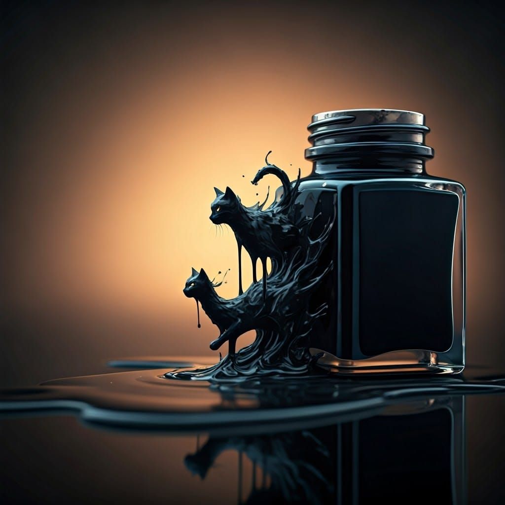Elegant Black Cats Emerge from Spilled Ink in a Dreamlike Sc...