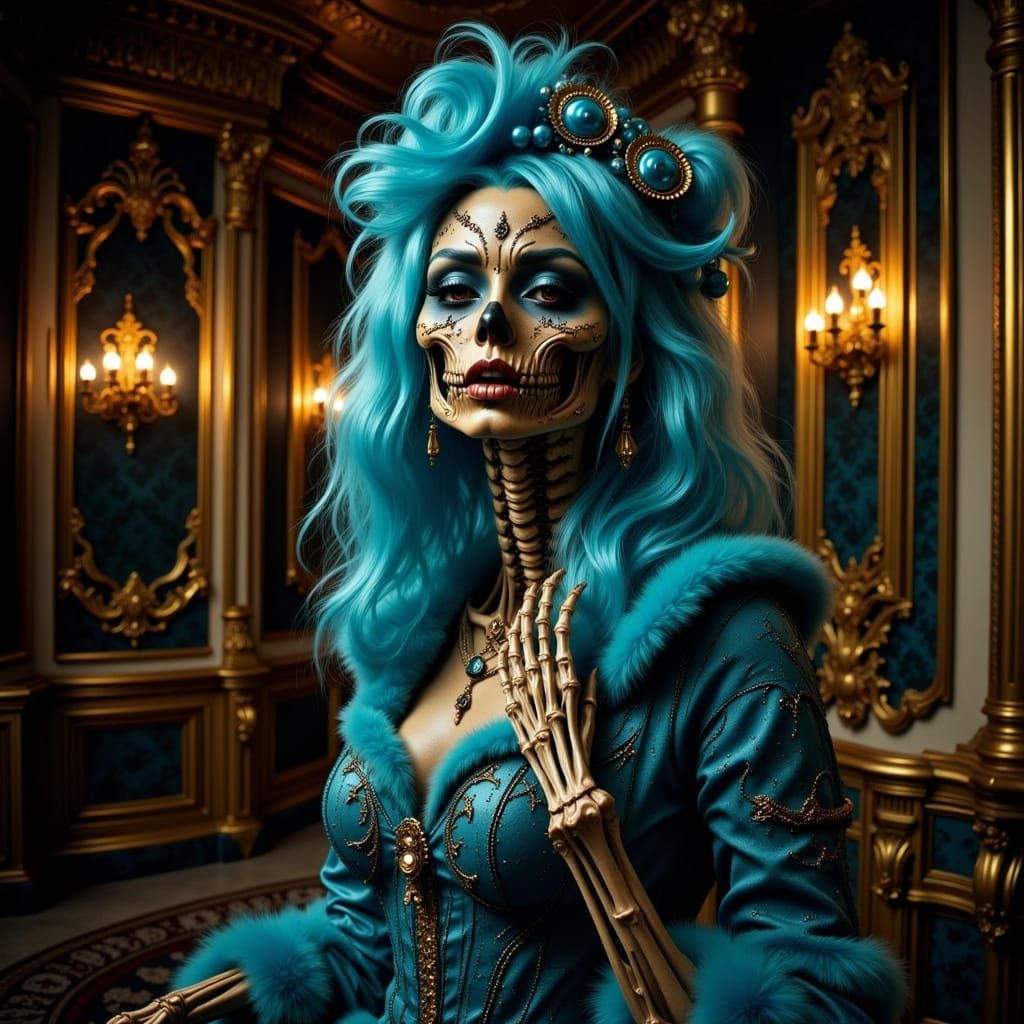 Golden Skeleton Figure in Versace Room, Surreal Horror Style