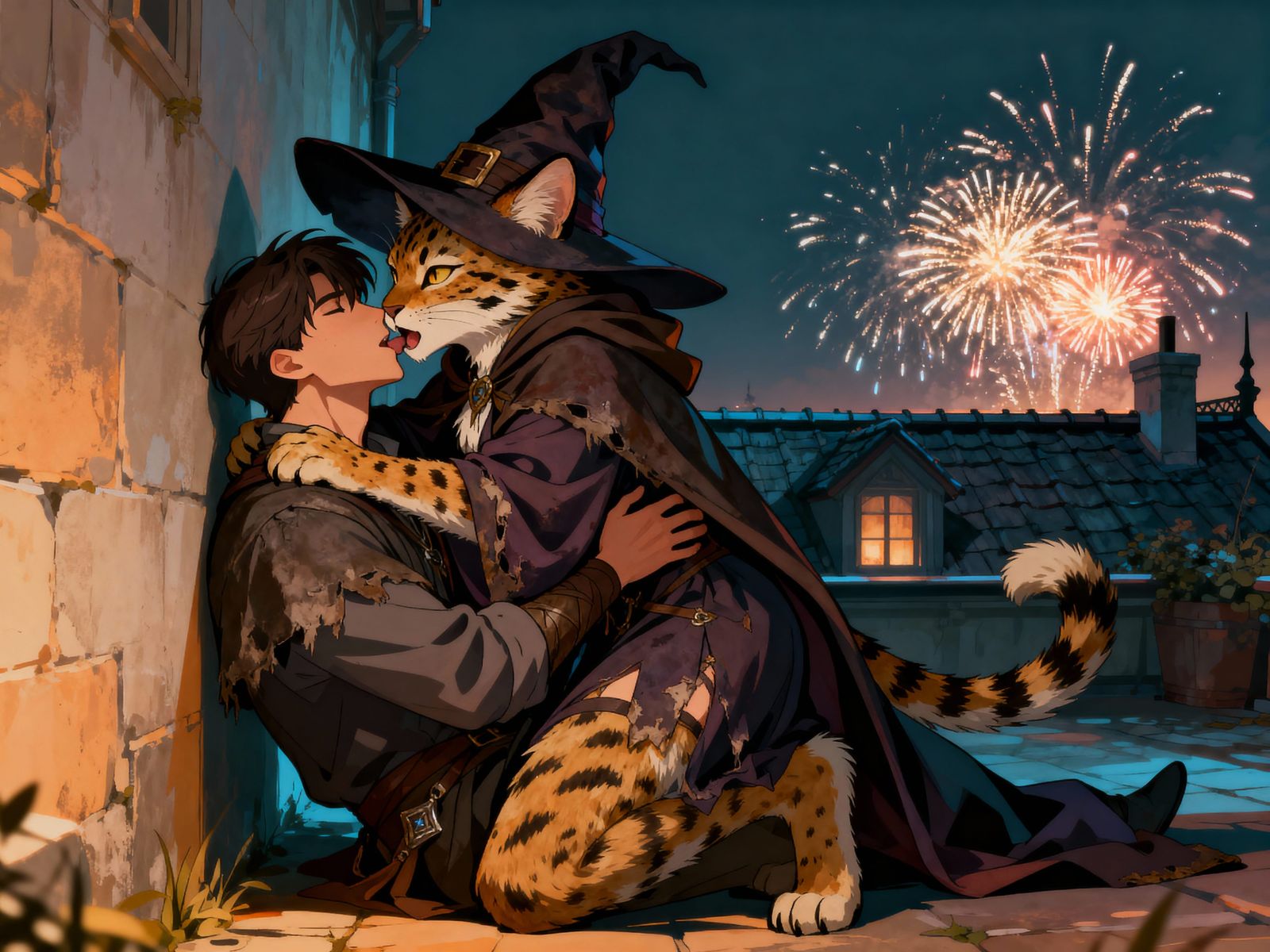 Anime Lynx Girl and Man Embrace Amidst Fireworks