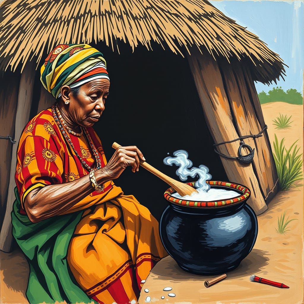 Zulu Woman Brewing Umqombothi in Naive Art Style