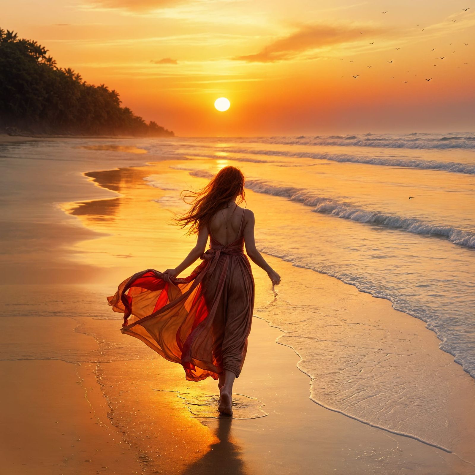 Redhead Girl on Beach at Sunset in Watercolour