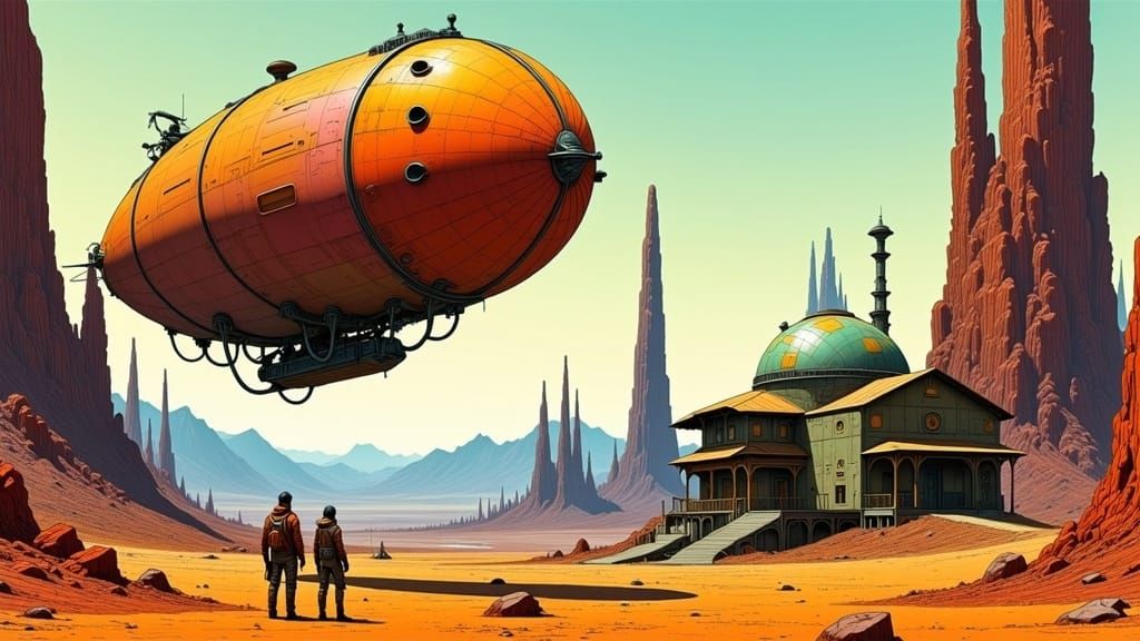 Steampunk Airship in Alien Desert, Arthur Rackham Style