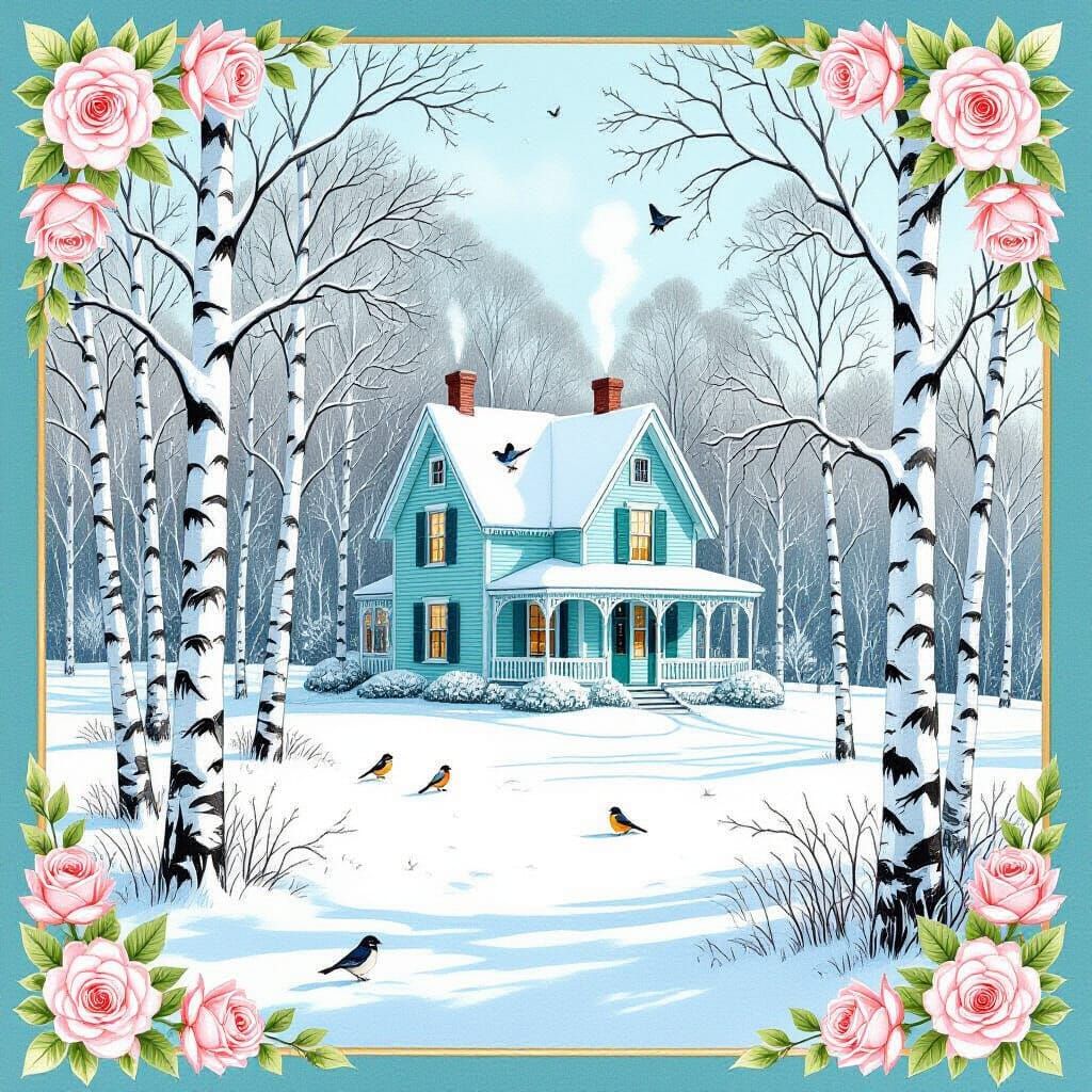Victorian House in Snowy Meadow with Birch Trees