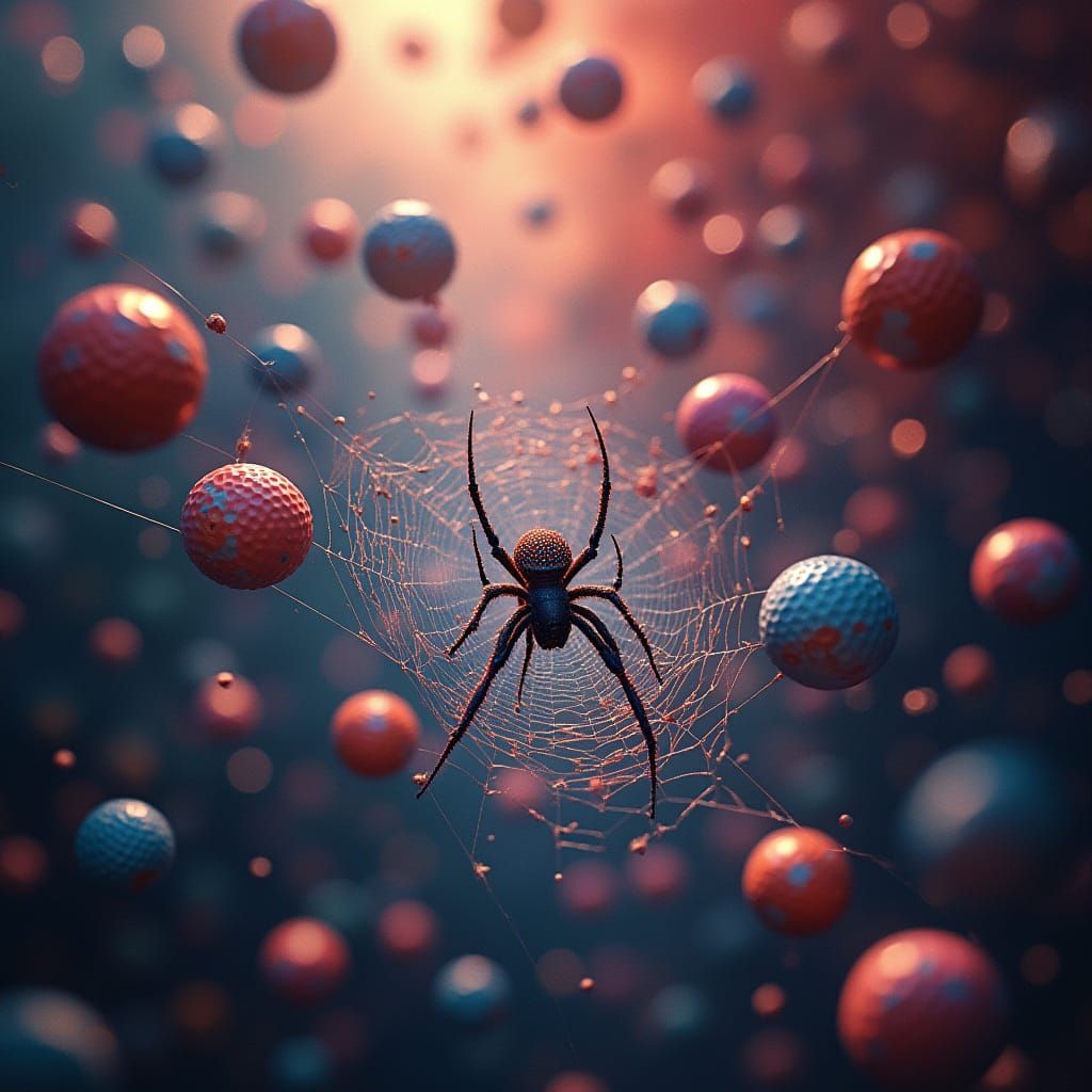 Vibrant Spider Web with Swirling Golf Balls