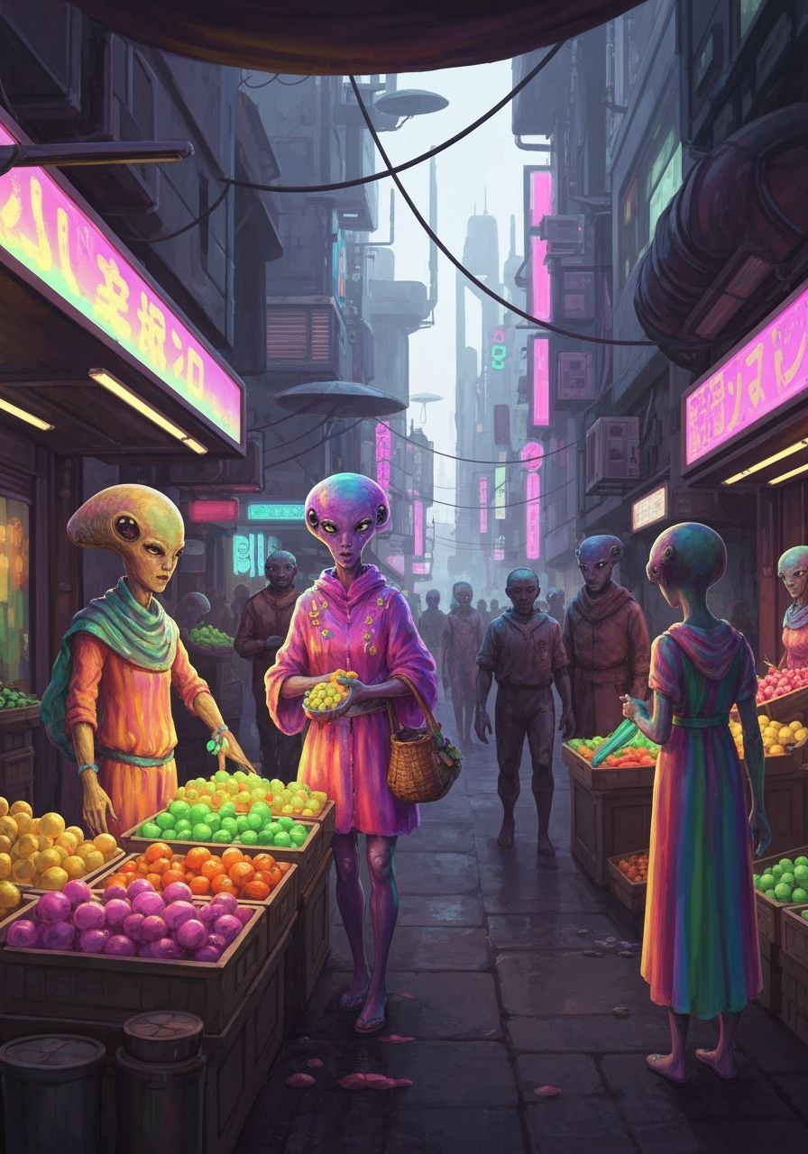 Alien Merchants Sell Bioluminescent Produce in Neon City