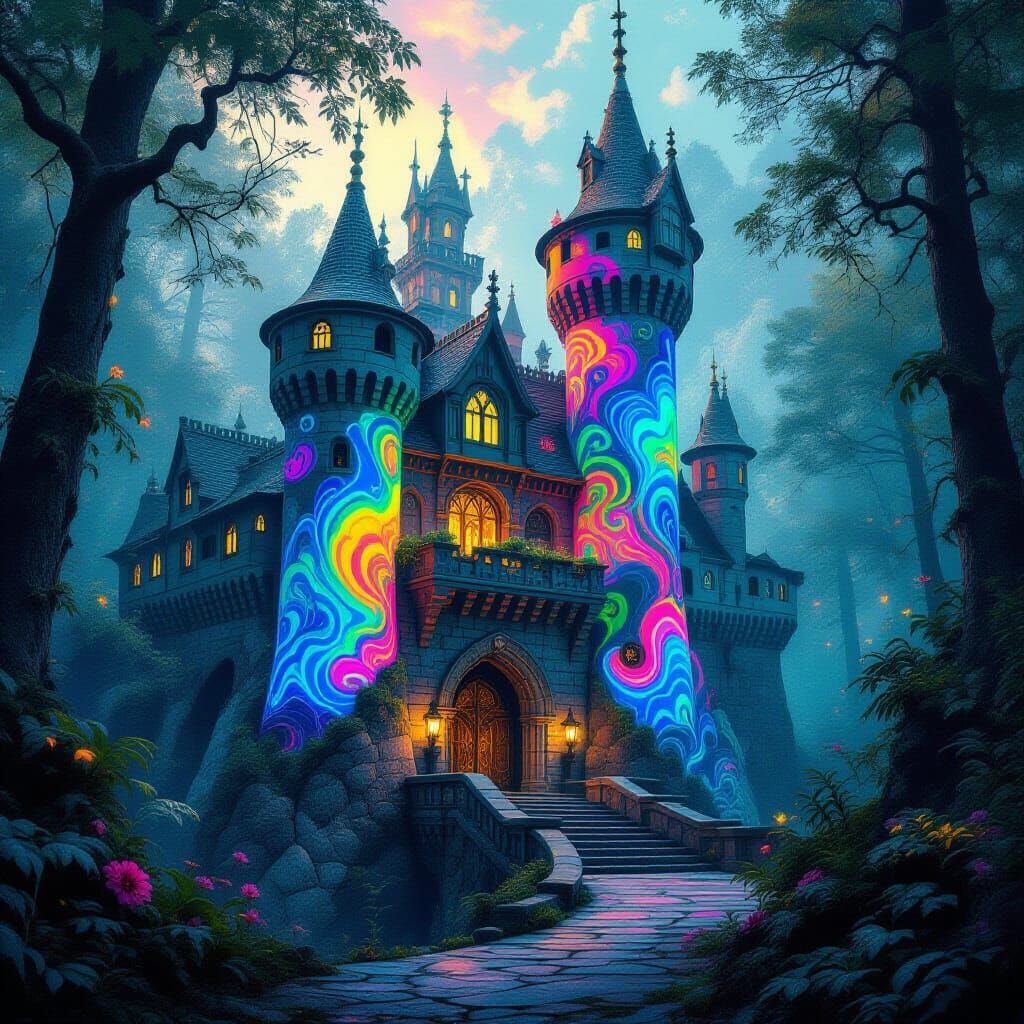 Psychedelic Medieval Fortress in Enchanted Forest