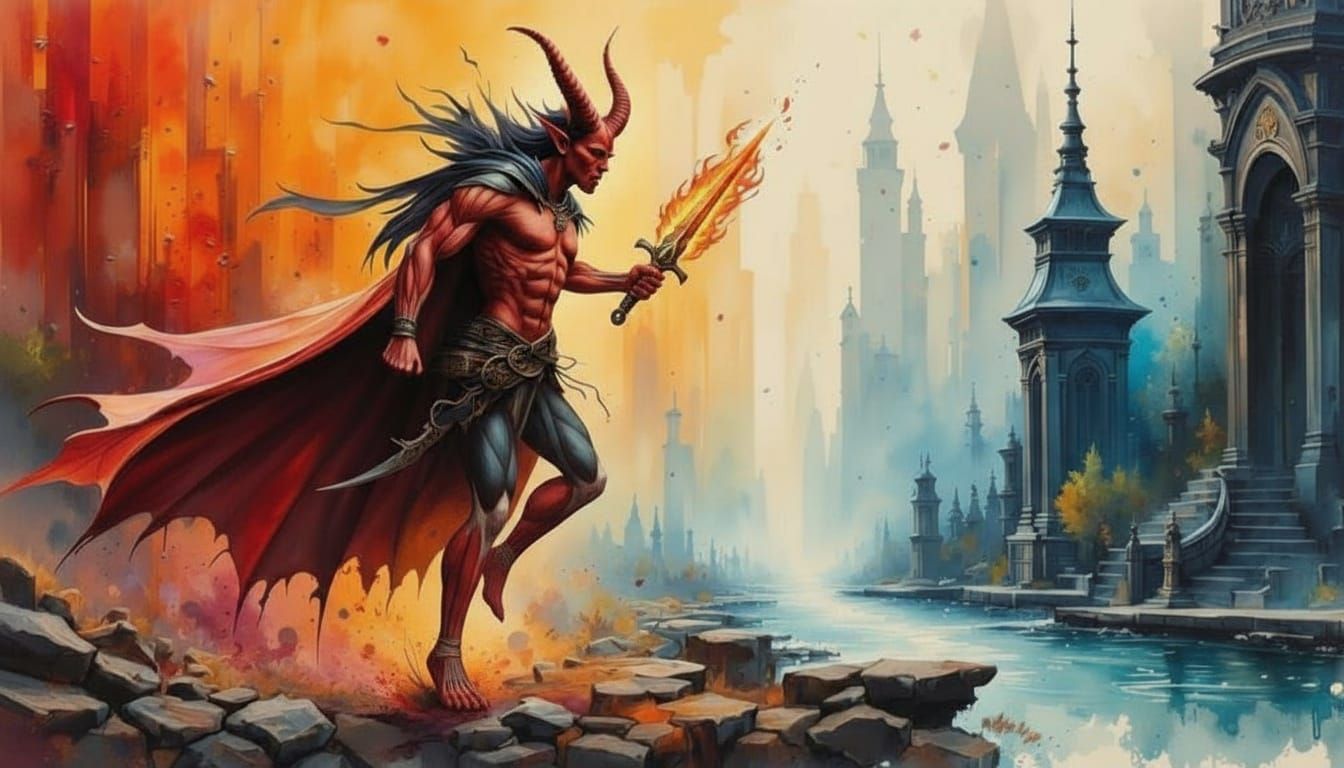 Tiefling Running Through City Canal in Expressive Style