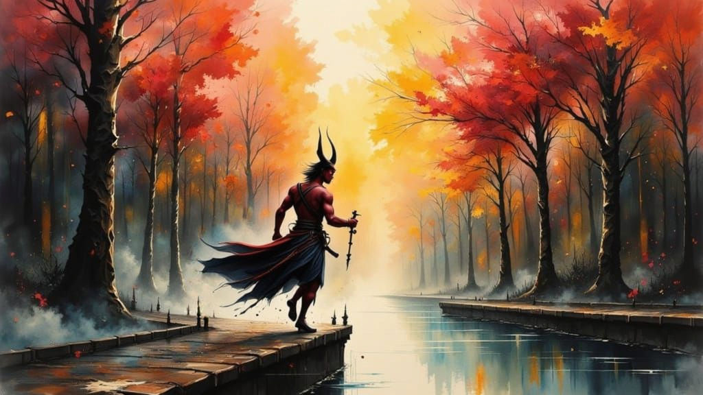 Red Tiefling Running Along Canal in Expressive Style
