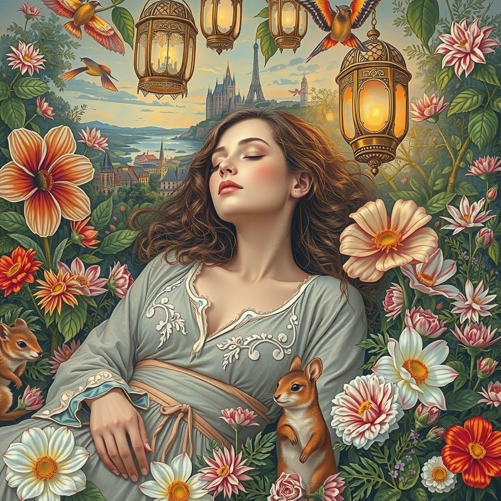 Serene Pre-Raphaelite Woman in Vibrant Florals and Dreamscap...