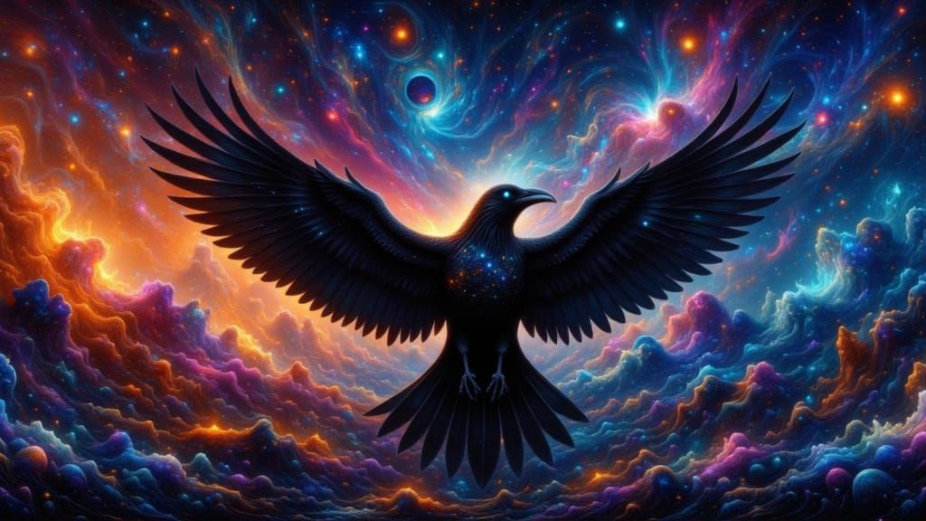 Cosmic Crows Soaring in a Starry Night Sky