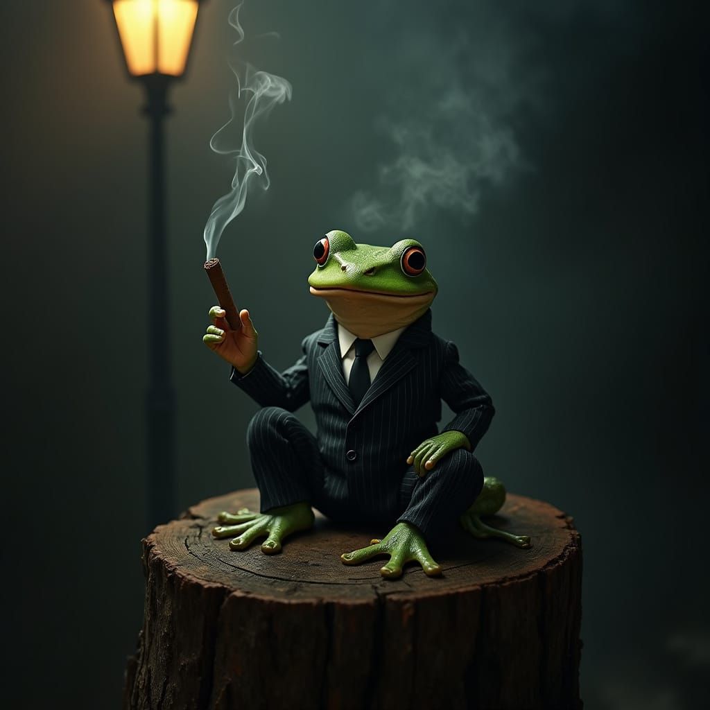 Frog in Film Noir Style Smokes a Cigar