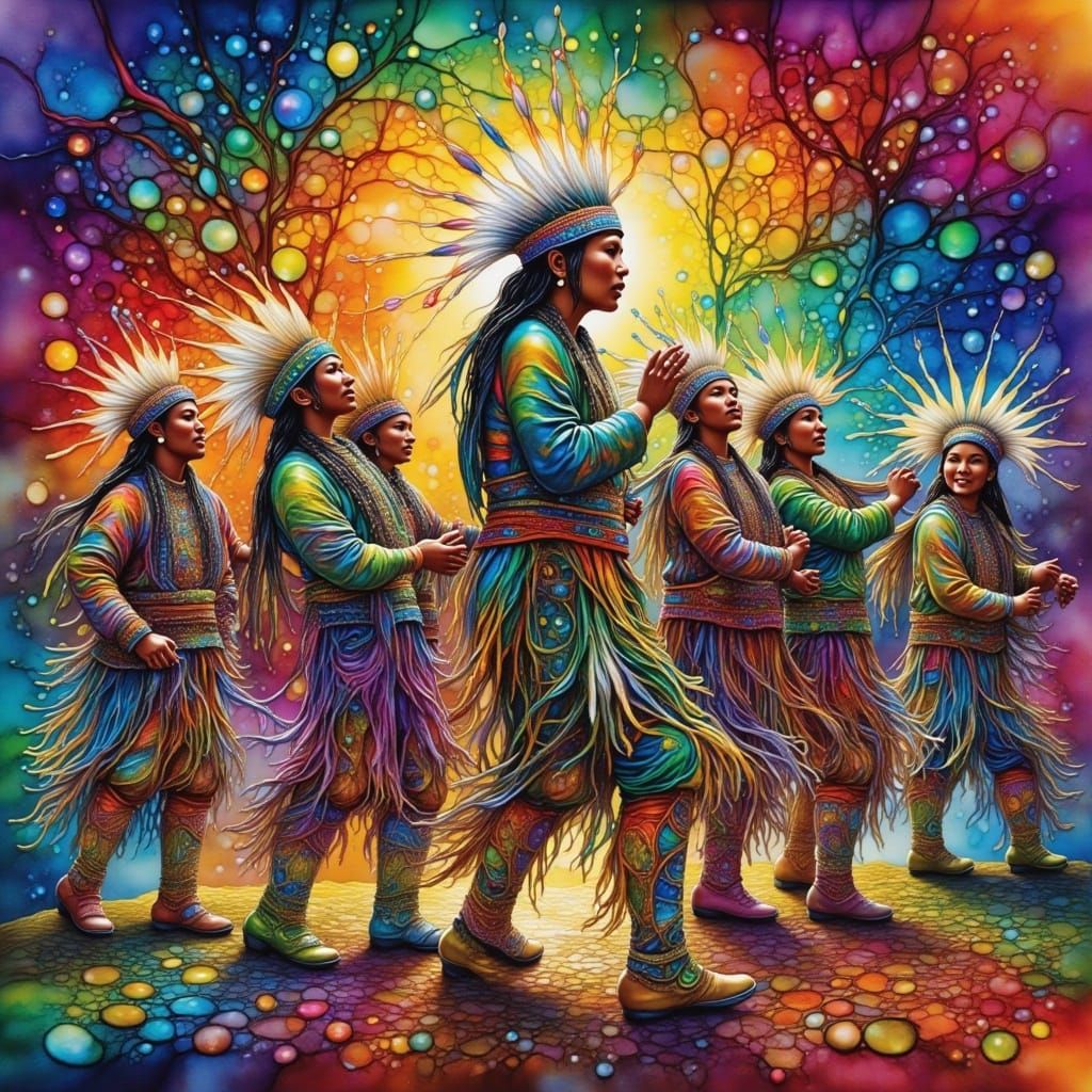 Native American Powwow Dancers in Watercolor Style