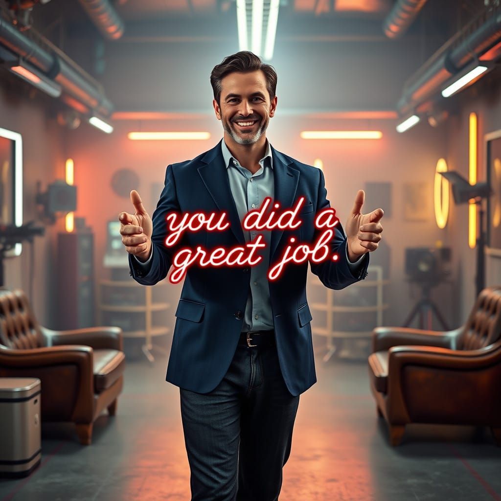 Confident Businessman with Retro-Futuristic Neon Sign