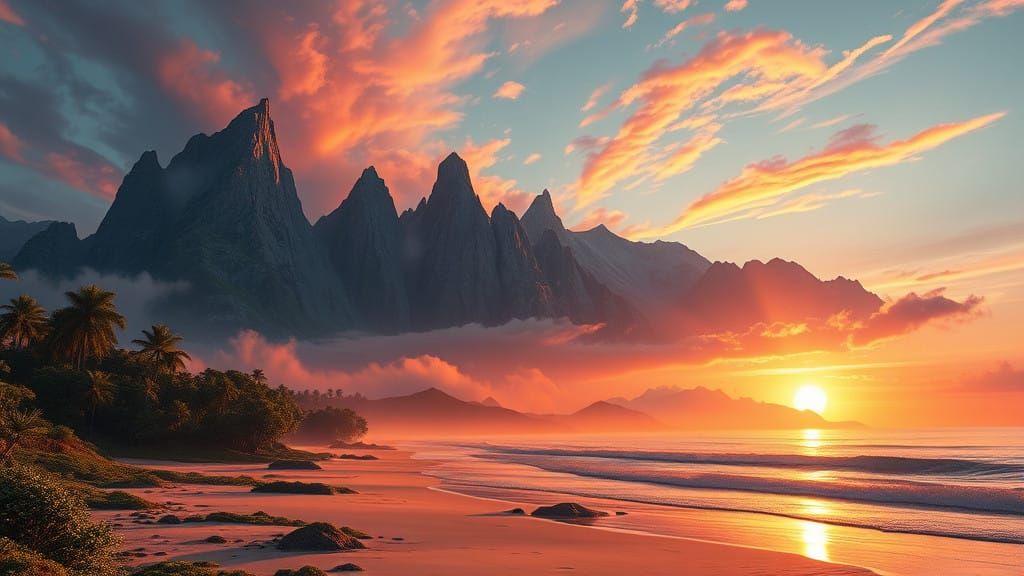 Breathtaking Sunrise Beach Scene with Majestic Mountains in...