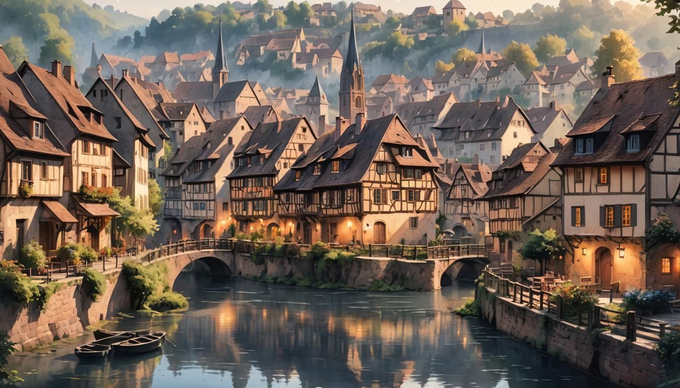 Strasbourg: French Village at Dawn in Watercolors