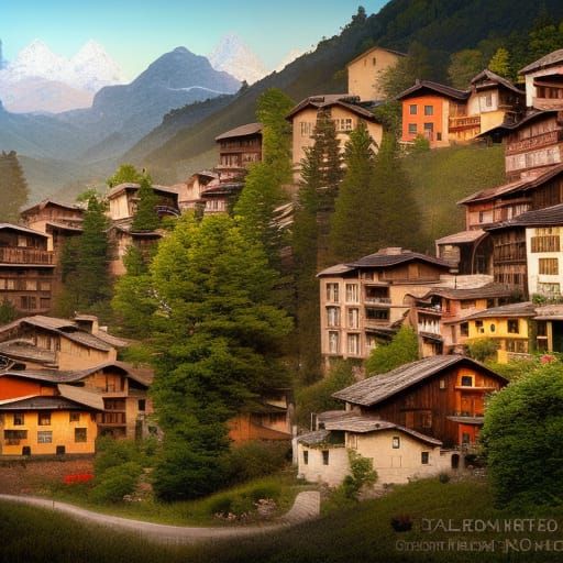 Pyrenees Mountain Town at Dawn: Fantasy Concept Art