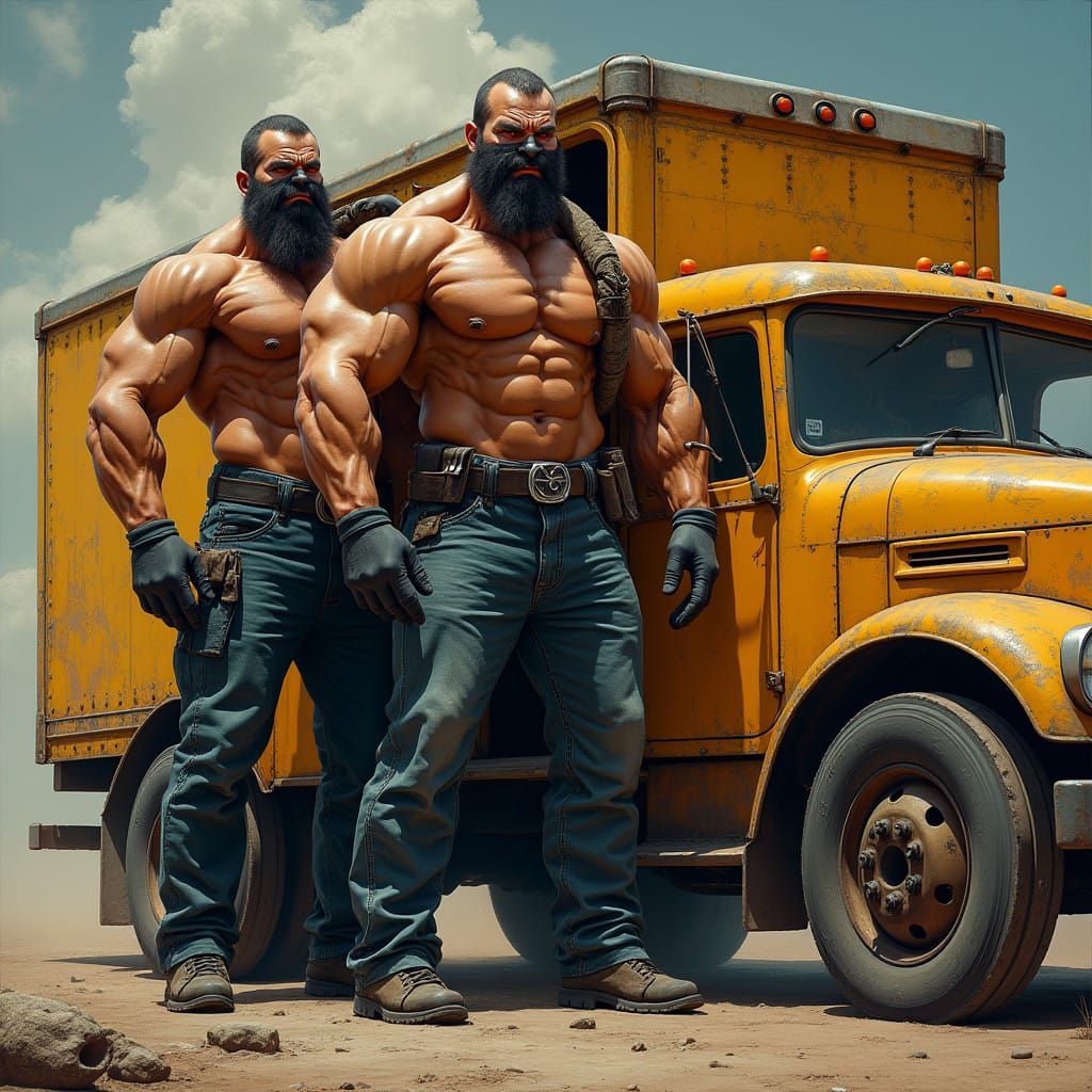 Musclebound Bodybuilders Inside a Lieferwagen in Dramatic Li...