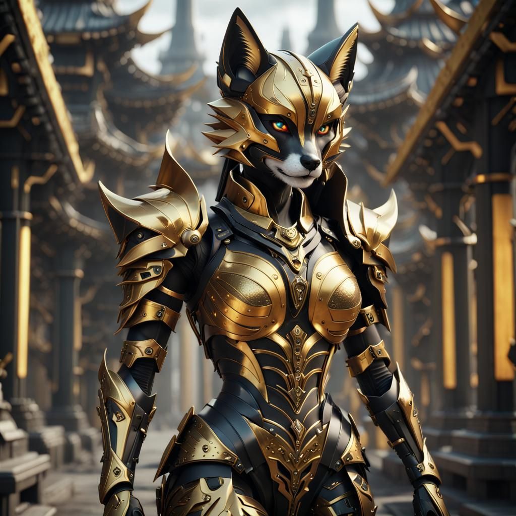 Kitsune in Futuristic Armor: Detailed Fantasy Concept Art
