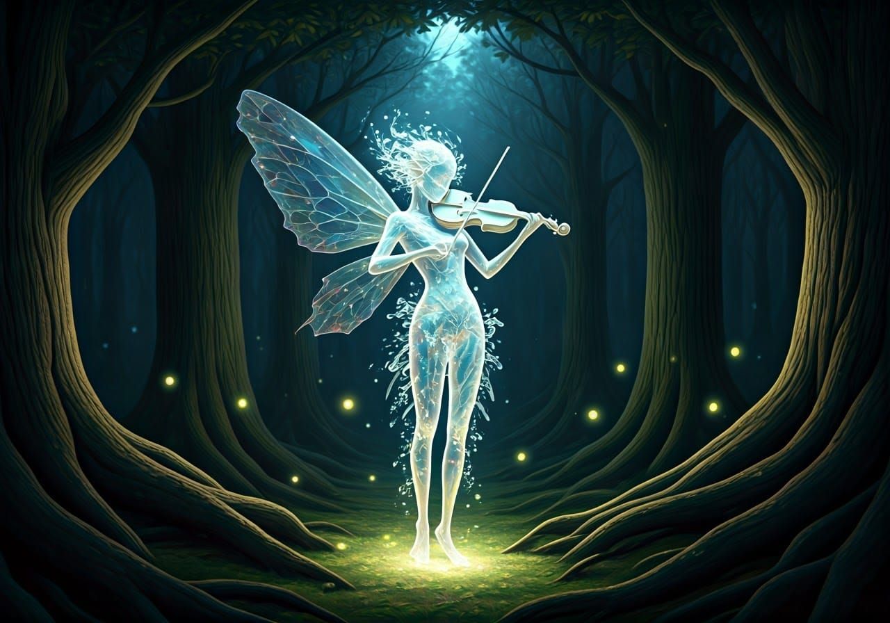 Glass Fairy's Ethereal Violin Melody in Moonlit Forest