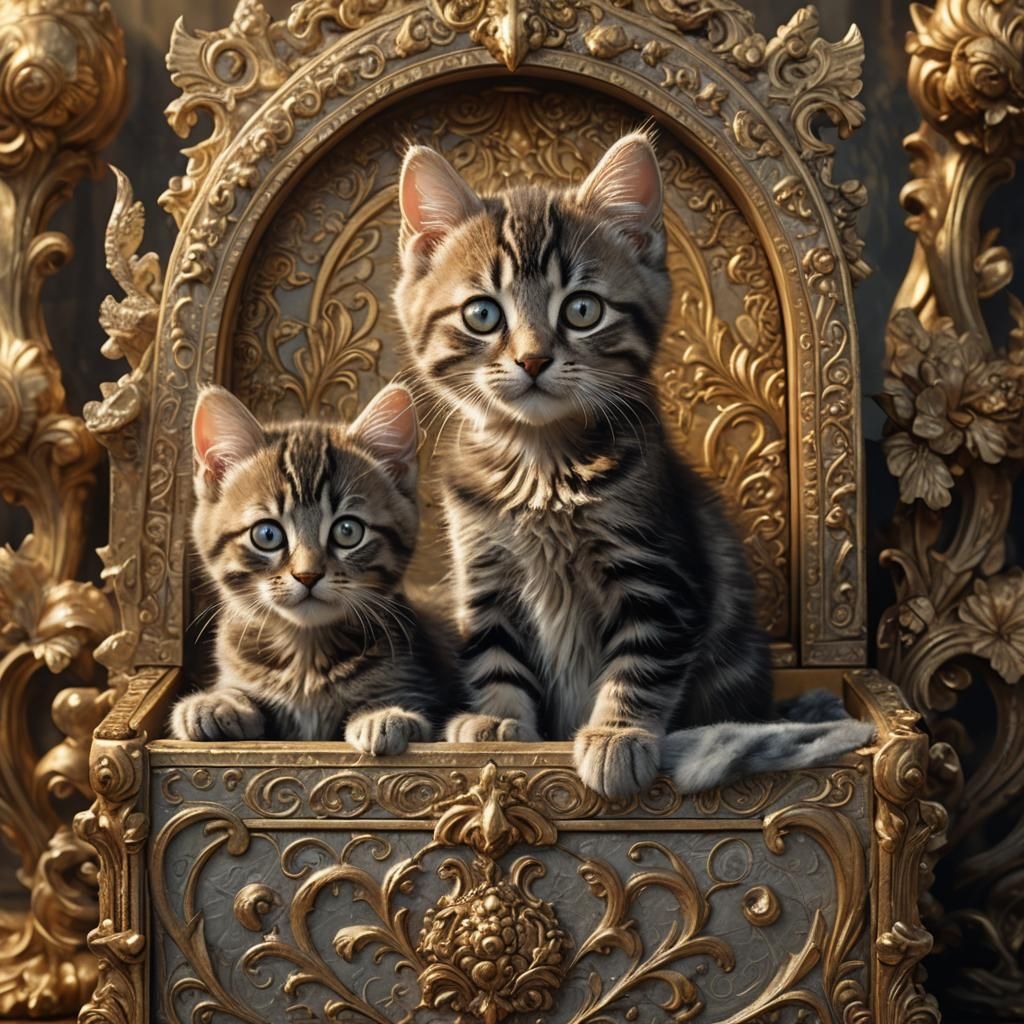 Tabby Kittens in Ornate Box, Baroque Style